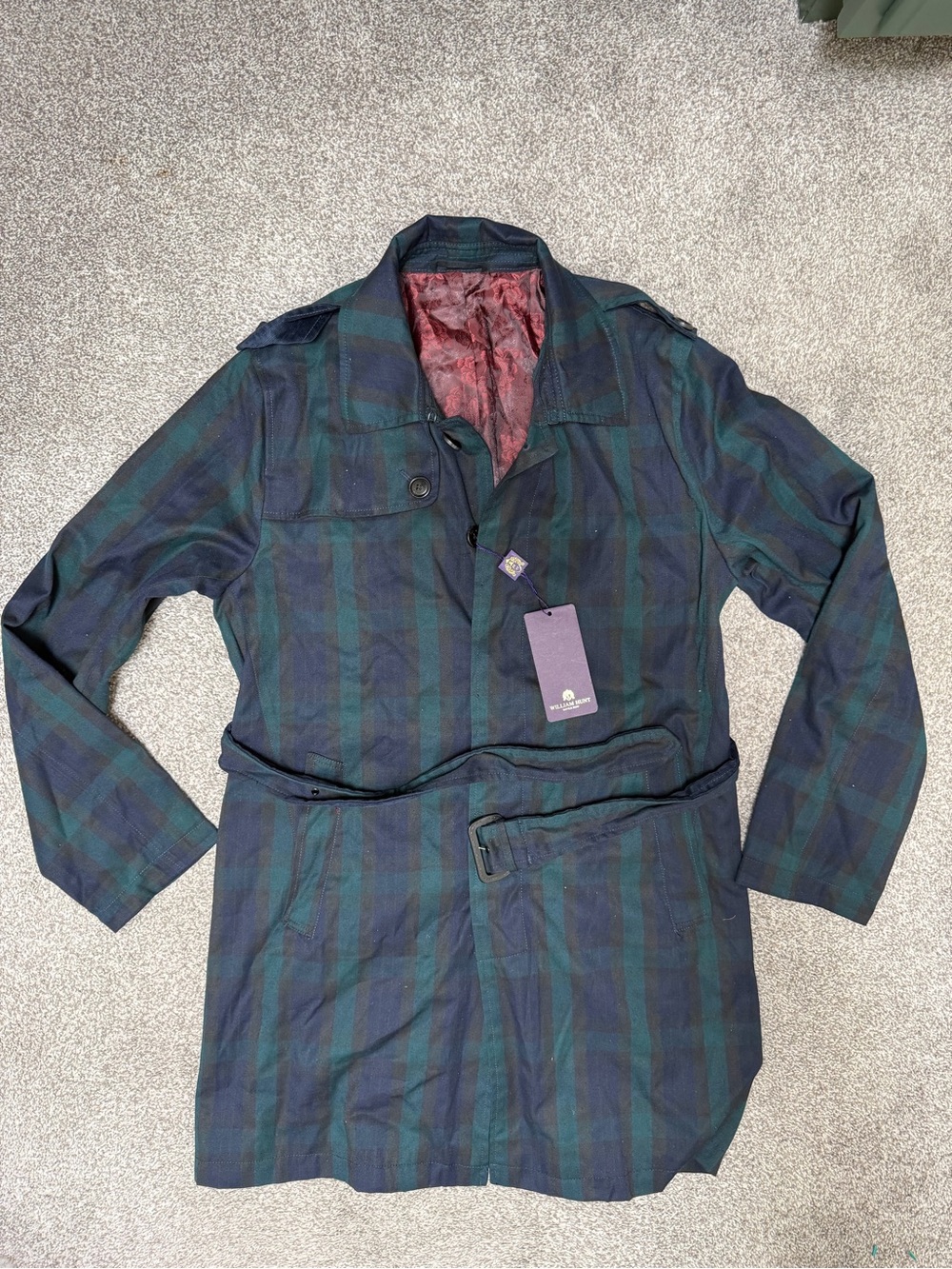 Men's Dark Green & Navy Plaid Trench Coat with Belted Waist